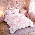 thumbnail image 2 of Manfei Pink Princess Bow Letter T Print Bedding Comforter Set for Girls, Boho Damask Flower Full Bedding Set, Pink Reversible, 7-Piece, 2 of 7