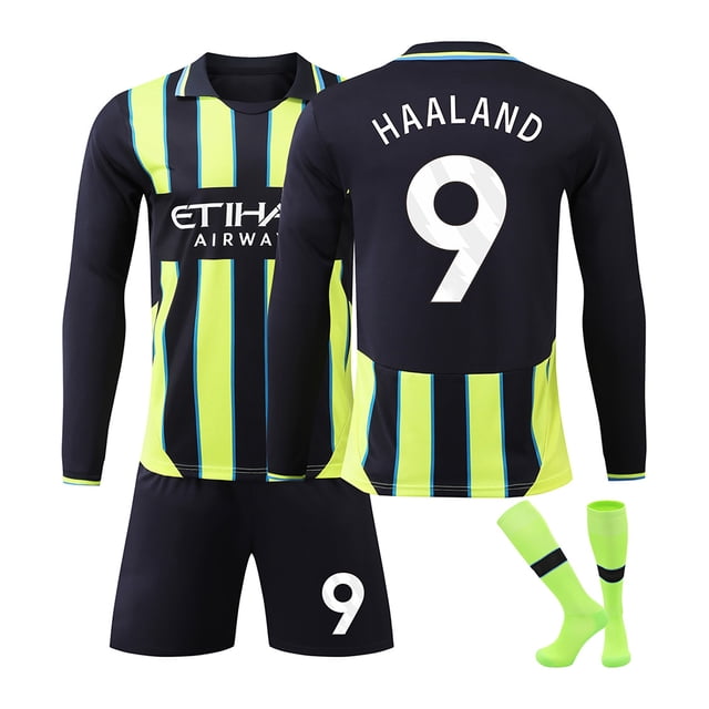 GZSL 2425 Striped Green Soccer Jersey - Long Sleeve, #9 HAALAND UK Away Game Soccer Jersey for Soccer Sports Essentials, Kid 3-Piece Set for a New Visual Experience, #9/28