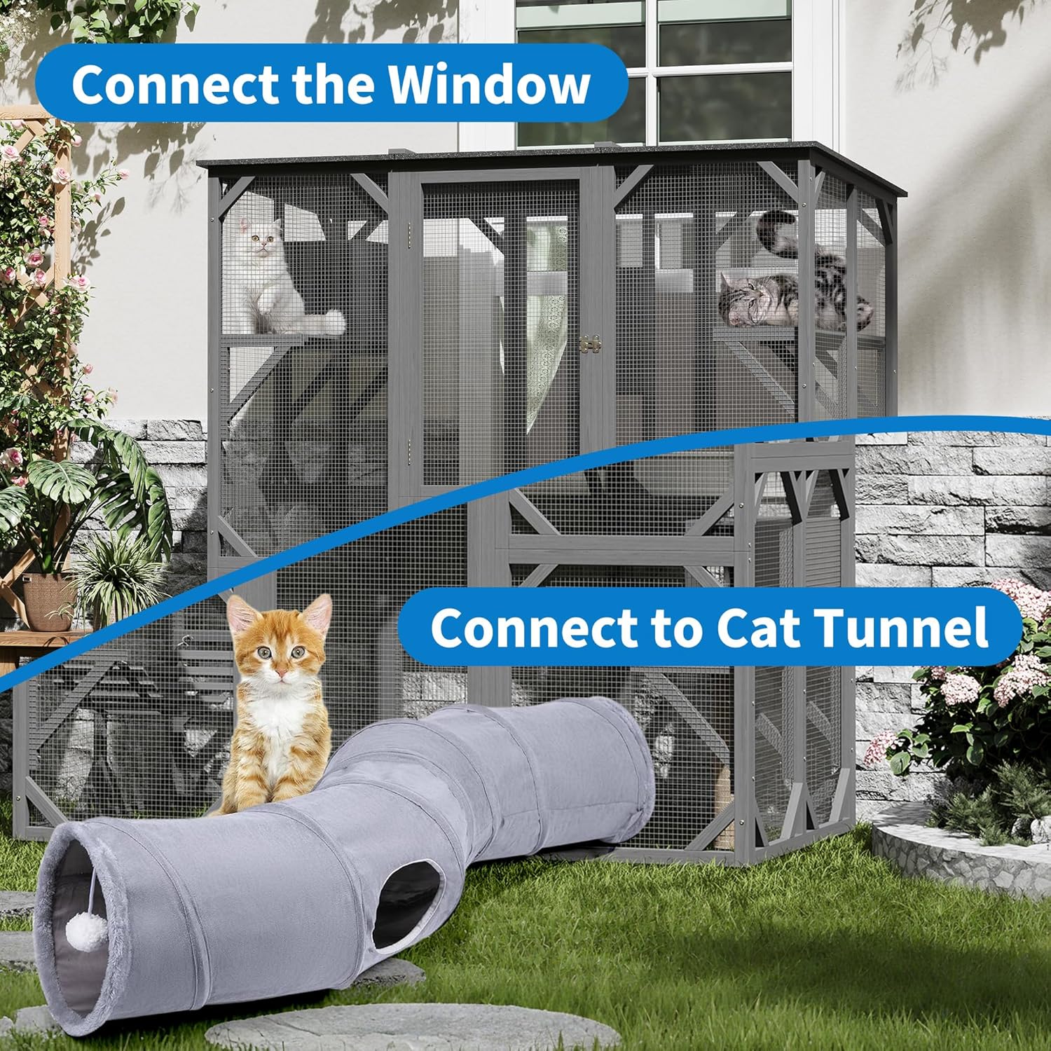 Roromall Large Walk-in Window Catio Outdoor, 70'' Wooden Cat Enclosure for Mulitiple Cats with Waterproof Roof, Feral Cat Shelter with Platforms, Hammock, Scratching Post and Resting Box