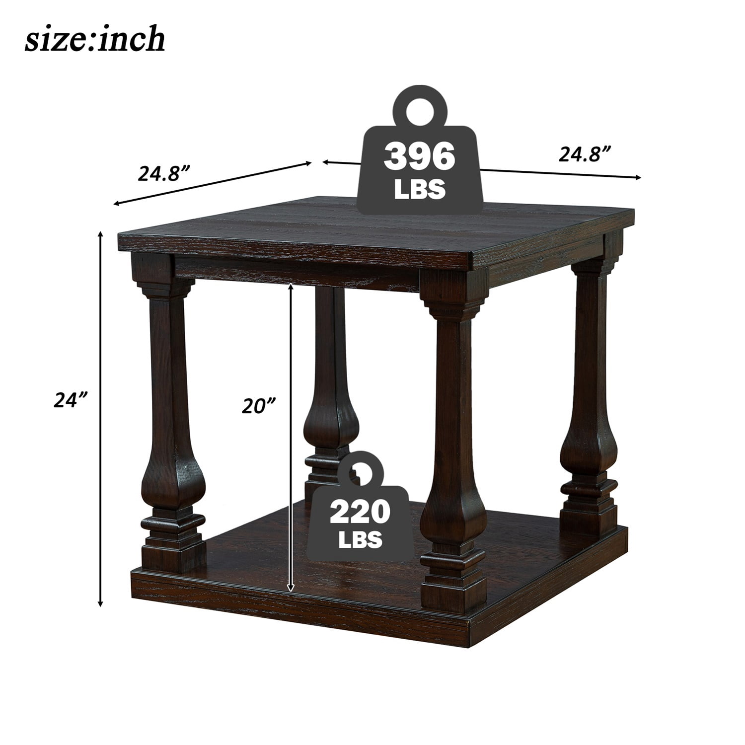 Hommoo 24.8" Farmhouse Wooden End Table with Storage Shelf, Vintage Square Side Table with Carved Legs for Living Room, Bedroom & Entryway, Espresso