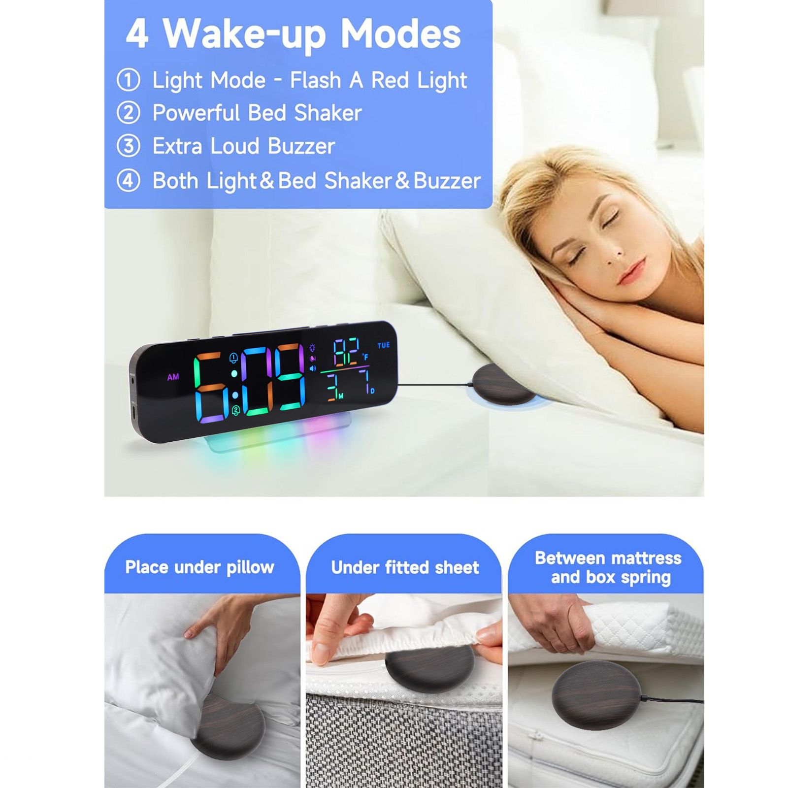 ITIGOITIE Extra Loud Vibrating Alarm Clock,Adjustable Volume,Dimmer,Large LED Digital with RGB Night Light for Bedrooms,Kids,Teens(Wood)