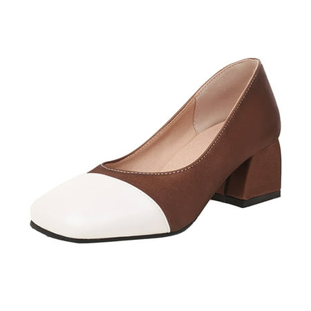 

Cathalem Ladies Fashion Color Blocking Leather Shallow Mouth Square Head Thick Heel Casual Single Shoes Brown 39