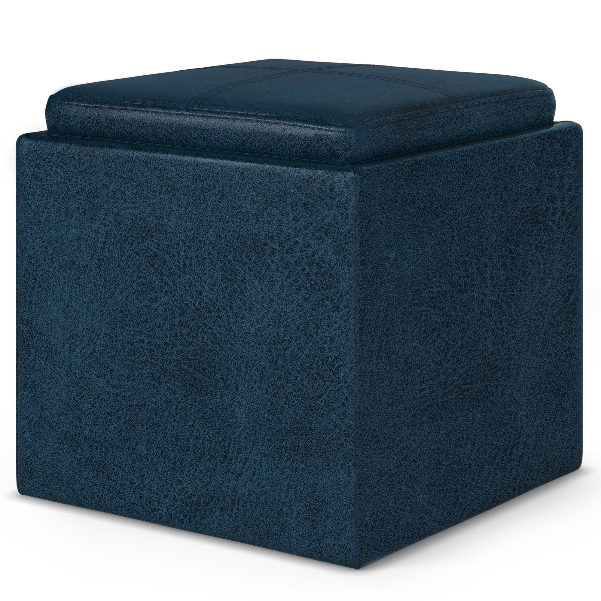 Rockwood 17 inch Wide Cube Storage Ottoman with Tray in Distressed Dark Blue Vegan Leather