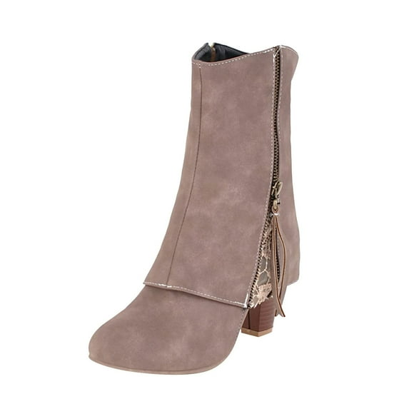 Jsaierl Women's Mid-Calf Boots Chunky Heel Fold Over Riding Boots Western Mid Calf Pointed Toe Fashion Cowgirl Boots Pull On Boots For Ladies