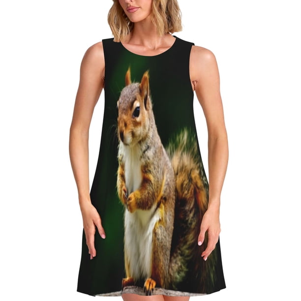 Fotbe Squirrels Eating Peanuts On The Tree Vestido de Verano sin Mangas para Mujer – Vestido Midi Línea A, Estilo Camiseta Floral, Vestido Playero Casual y Fluido