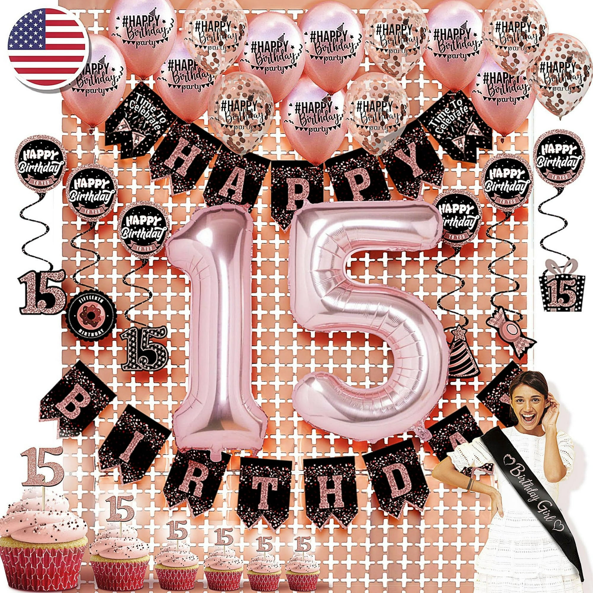 Rose Gold Quinceanera Celebration Kit 104 Piece Sweet 15 Party Decor with Sash Photo Booth Props Candle Cake Toppers Balloons and Banner for Memorable Moments Walmart