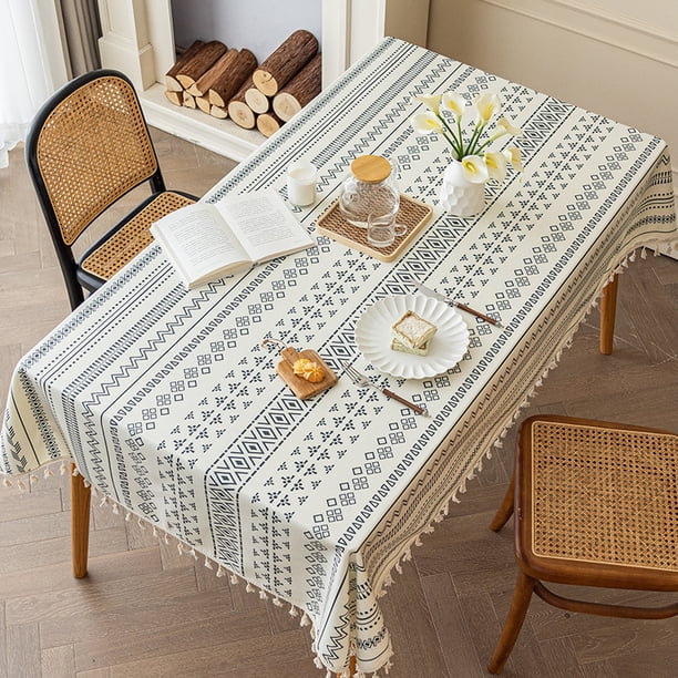 Xiao Hua Mantel de lino y algodón negro de 1 pieza, tela sin lavar, mantel rectangular con borlas de estilo étnico, mantel para casa de familia, impermeable y resistente al aceite 200*140cm