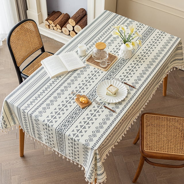 Xiao Hua Mantel de lino y algodón negro de 1 pieza, tela sin lavar, mantel rectangular con borlas de estilo étnico, mantel para casa de familia, impermeable y resistente al aceite 160*100cm