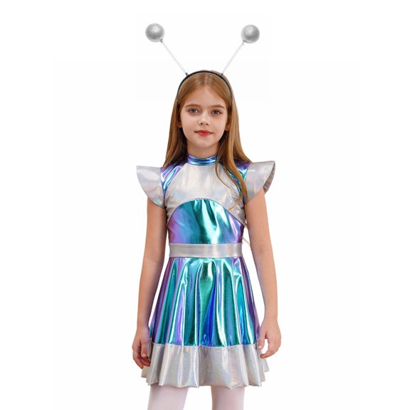 Miutii Kids Girls Alien Robot Astronaut Dress Party Fancy Dress Up Outfits Tulle Dress with Hair Hoop Set Silver 14