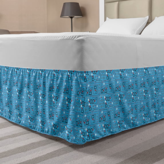 Modern Bed Skirt, Geometrical Image with Lines and Dots Circles Rounds Industrial Print, Elastic Bedskirt Dust Ruffle Wrap Around for Bedding Decor, 4 Sizes, Turquoise Red and White, by Ambesonne