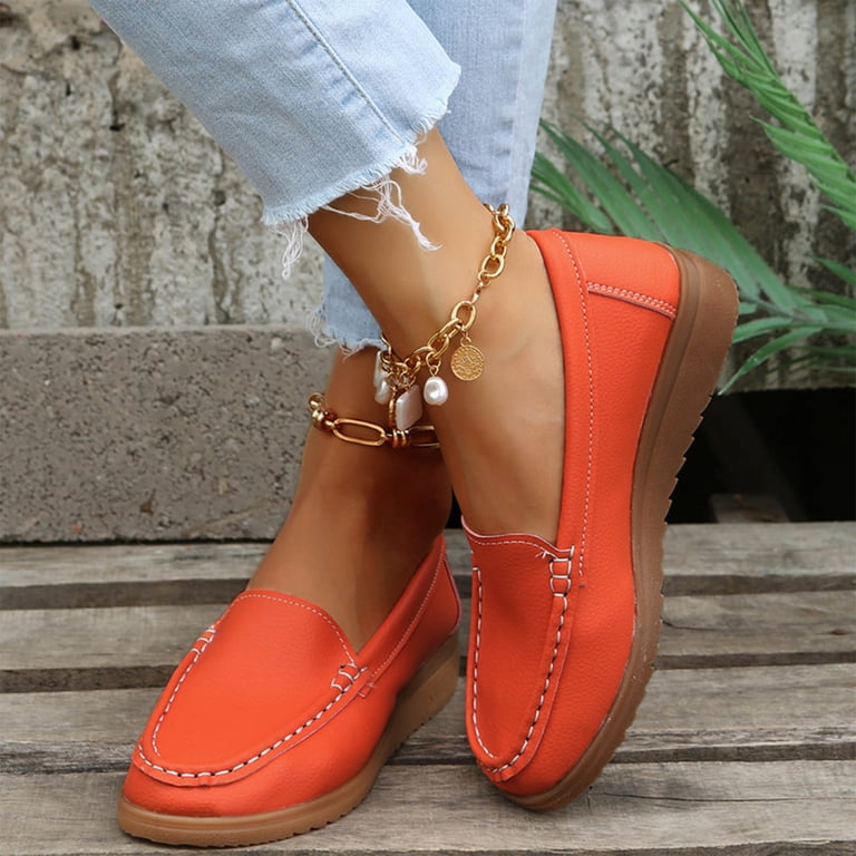 Wioihee Women's Ballet Flats PU Leather Dress Shoes Comfortable Round Toe Slip On Flats with Floral Eyelets Orange 5.5(36)