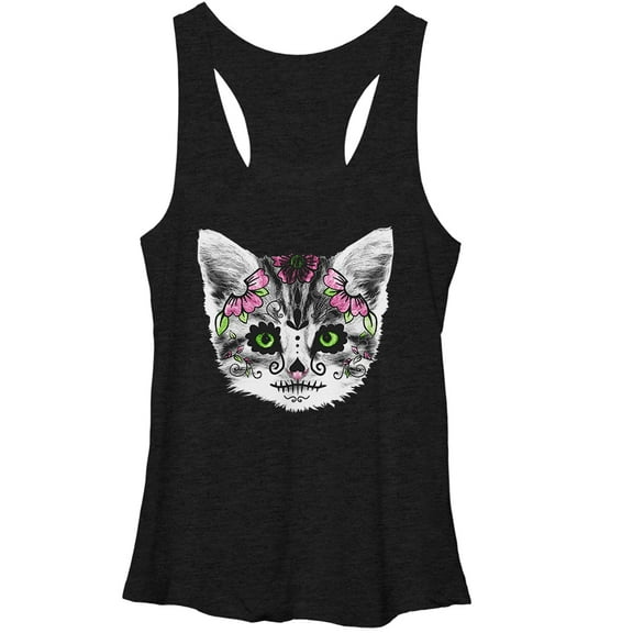 Women's Lost Gods Sugar Skull Kitten Racerback Tank Top Black Heather Medium