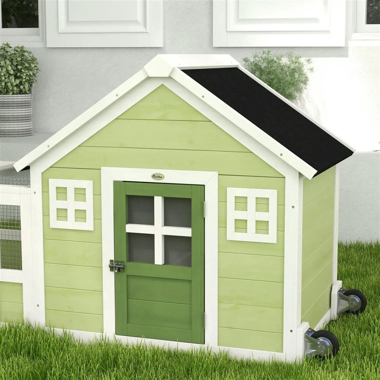 Kadyn 64" Wooden Rabbit Hutch with Wheels and Asphalt Roof, Outdoor Small Animal Habitat Chicken Coop Bunny Cage for Bunnies, Guinea Pigs, Green