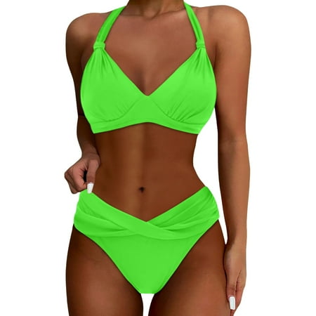 Womens Swimsuits Solid Color Lace Up Halter Push Up Bra And Panty Set Vintage Two Piece Tankini Swimsuits For Women Swimwears Activewear Green XXL
