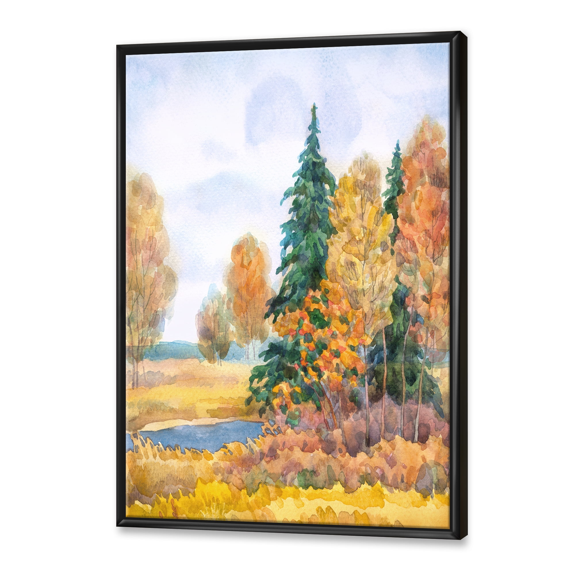 Designart 'Autumn Forest By The Lake Side V' Lake House Framed Canvas Wall Art Print