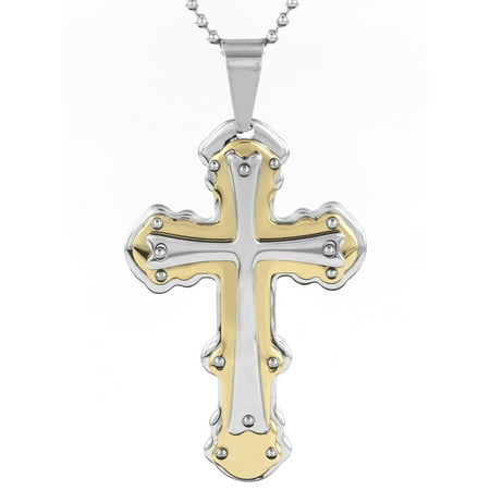 - Men's Stainless Steel Two Tone Triple Layer Studded Cross Pendant