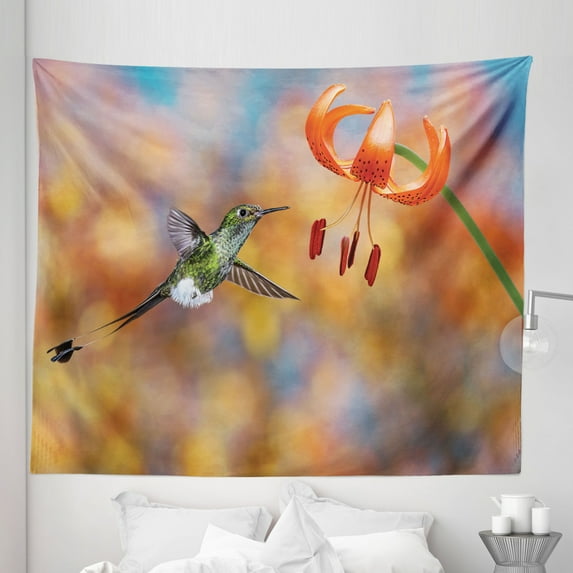 Bird Tapestry, Booted Racket Tail Feeding Nectar from Tiger Lily Blur Background Photo, Fabric Wall Hanging Decor for Bedroom Living Room Dorm, 5 Sizes, Orange Green, by Ambesonne