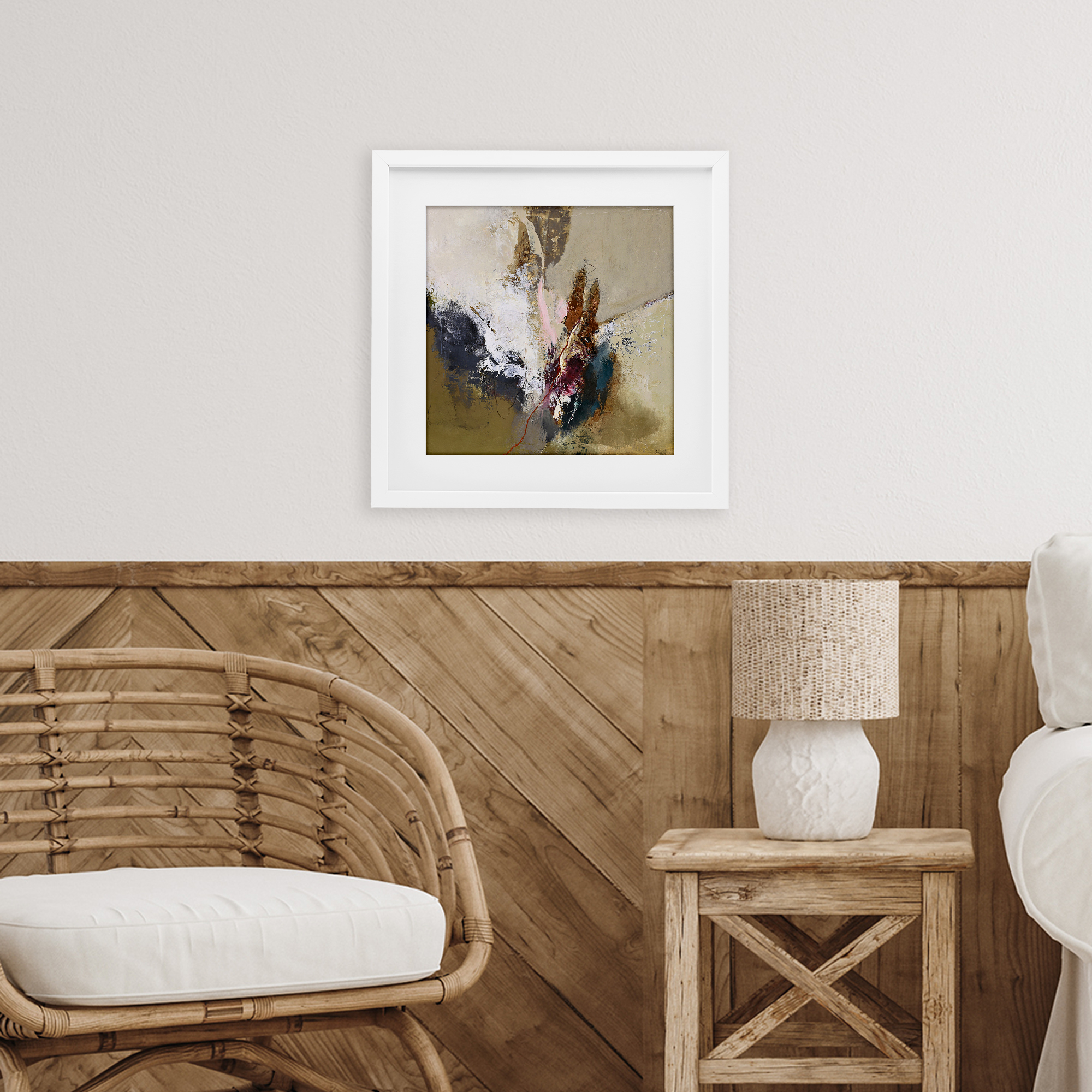 Earthy Mood Composition White Framed Print Under Glass, design by Design Fabrikken