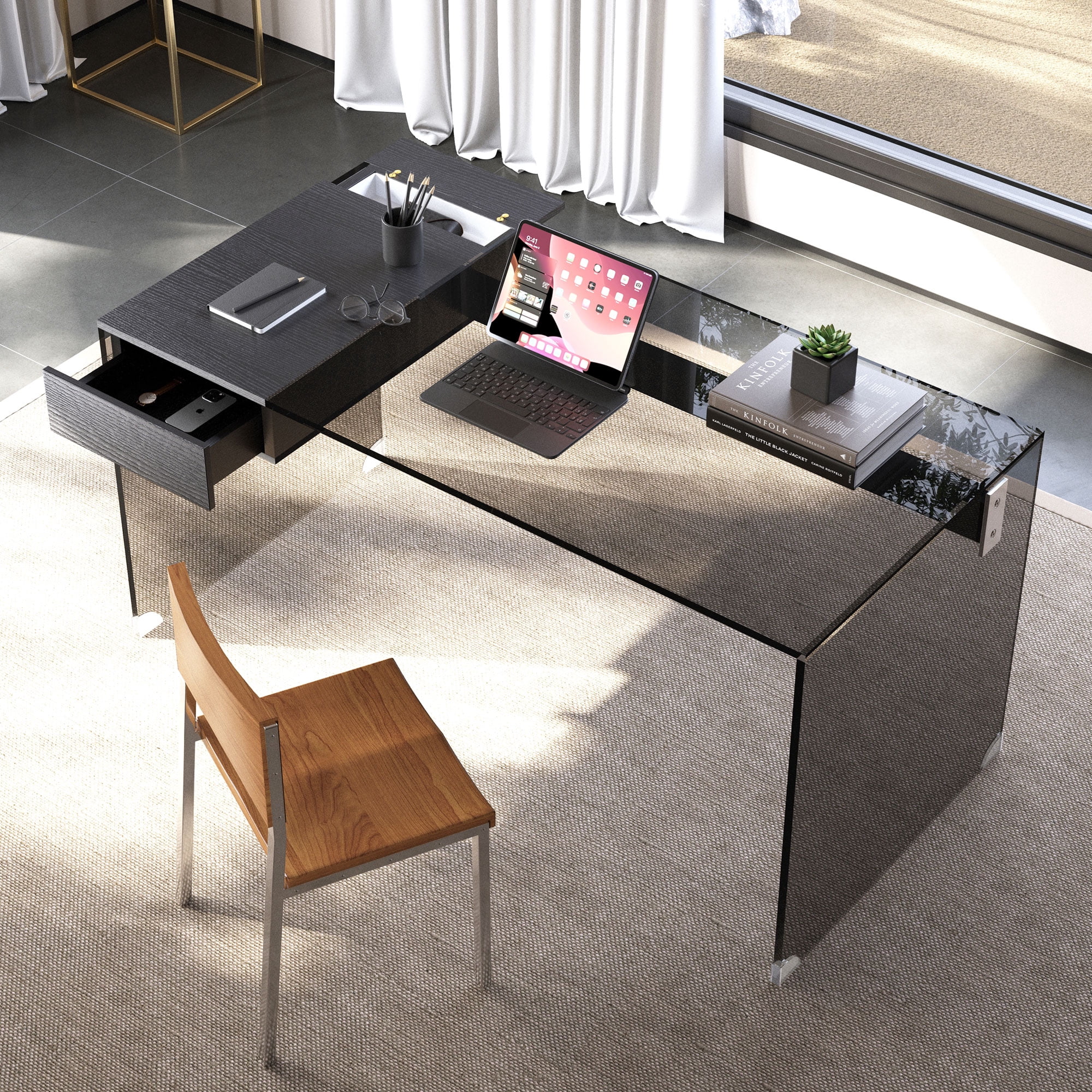 NessCarsti 53.14" Modern Tempered Glass Executive Desk with Drawer, Black Wood Finish and Tempered Glass Legs – Minimalist Stylish Workstation Table for Home Office