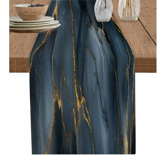 Marble Navy Blue Table Runner-Cotton Linen- 60 Inch Holiday Dresser Scarves, Abstract Gold Crack Rock Cave Tablerunner for Kitchen Coffee/Dining Bedroom Home Living Room Dinner Scarf Décor 13x60