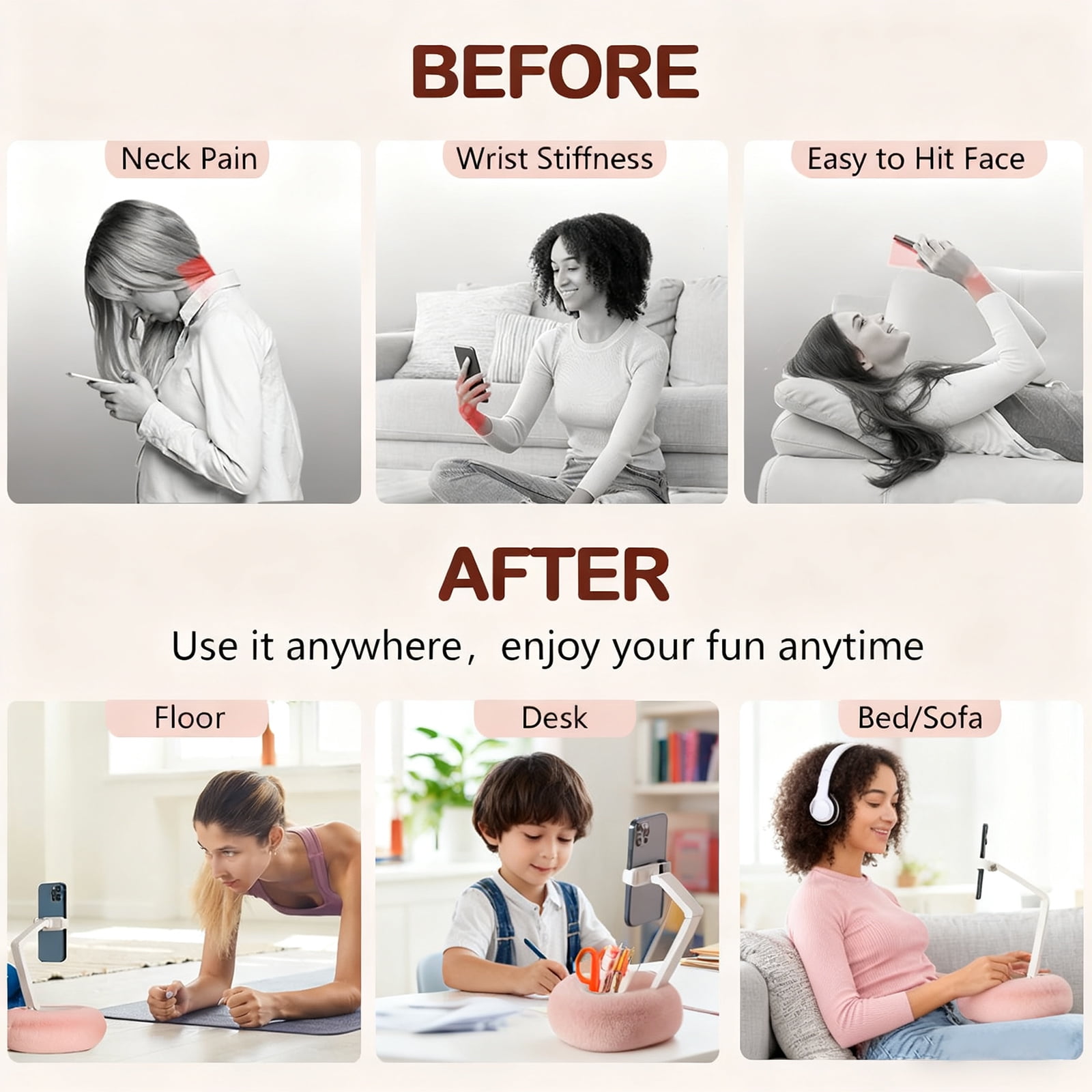 Rotatable Adjustable Bed Phone Stand With Plush Pillow Mount Double Joint Arm For Eye Levels Viewing Neck Strain Relief