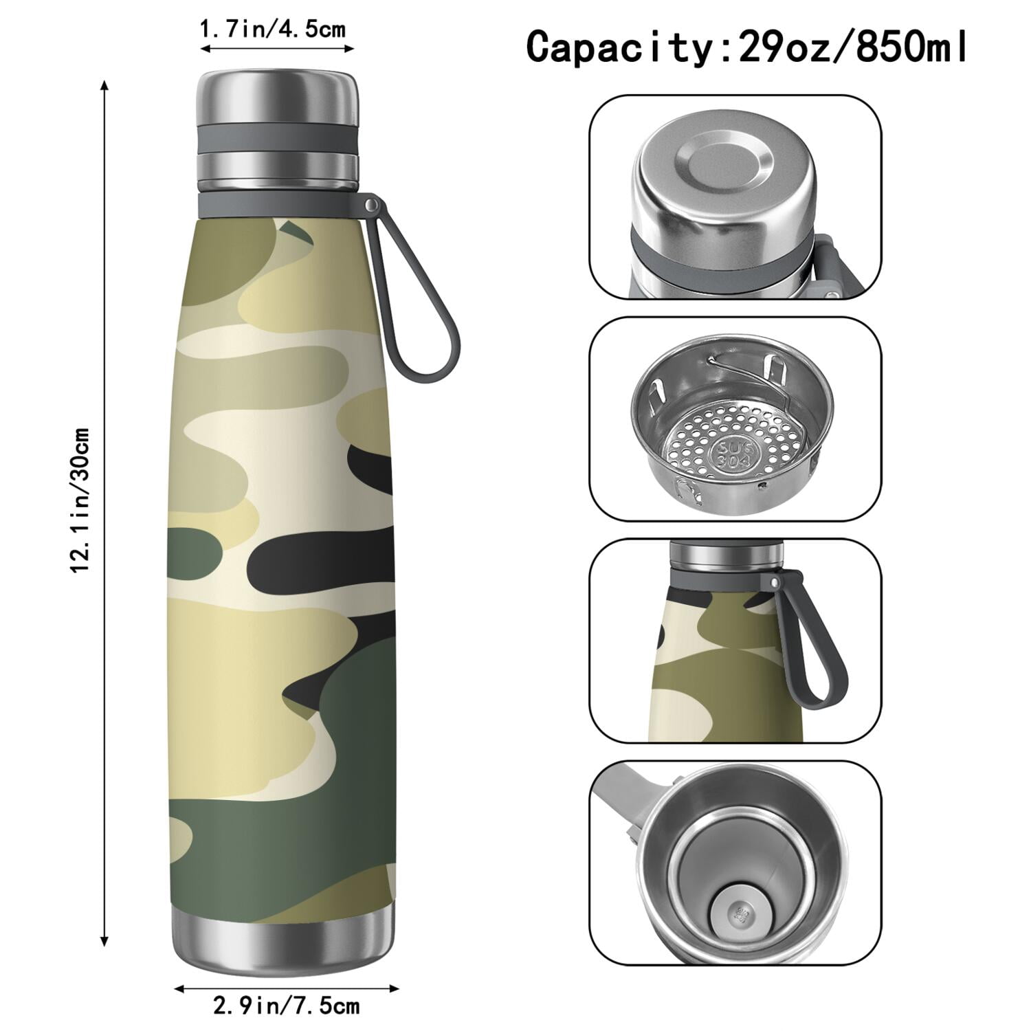 29oz Insulated Water Bottle with Tea Infuser, Stainless Steel Travel Mug, Camouflage Print