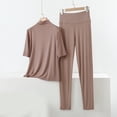 thumbnail image 5 of Women's 2 Piece Outfits Loungewear Solid Color Lightweight Homewear High Neck Elbow Sleeve Top with High Waist Trousers Soft Casual Sets, 5 of 5