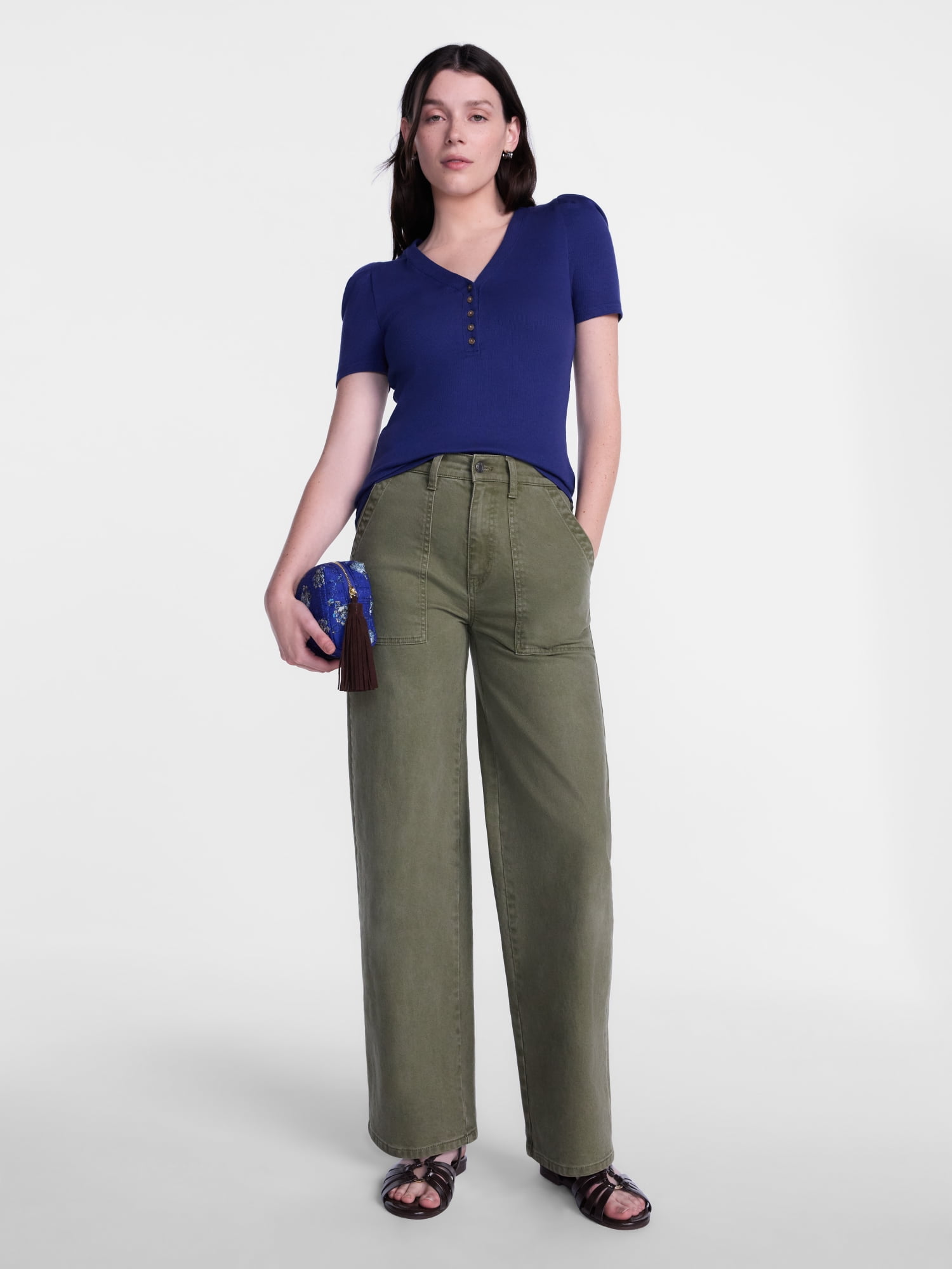 Scenario Women's V-Neck Henley Top with Short Puff Sleeves, Sizes XS-XXXL