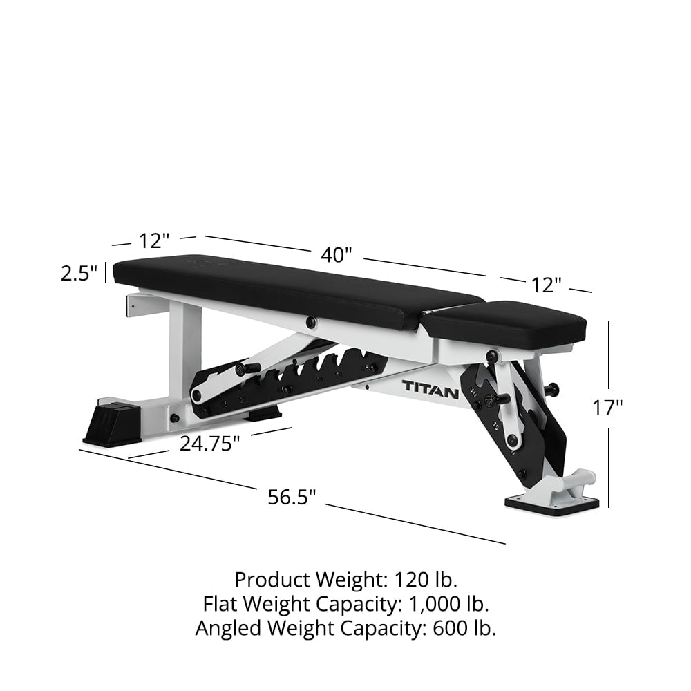Titan Fitness TITAN Series White Adjustable Bench, Supports 600 LB Incline, 1,000 LB Flat