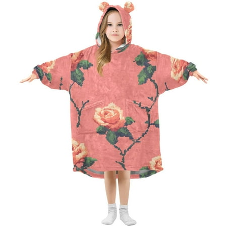 Roses Pixel Style Flannel Wearable Blankets Hooded Design Long Sleeves Wrap Unisex for 3T-14Y S Roses Pixel Style Flannel Wearable Blankets Hooded Design Long Sleeves Wrap Unisex for 3T-14Y S