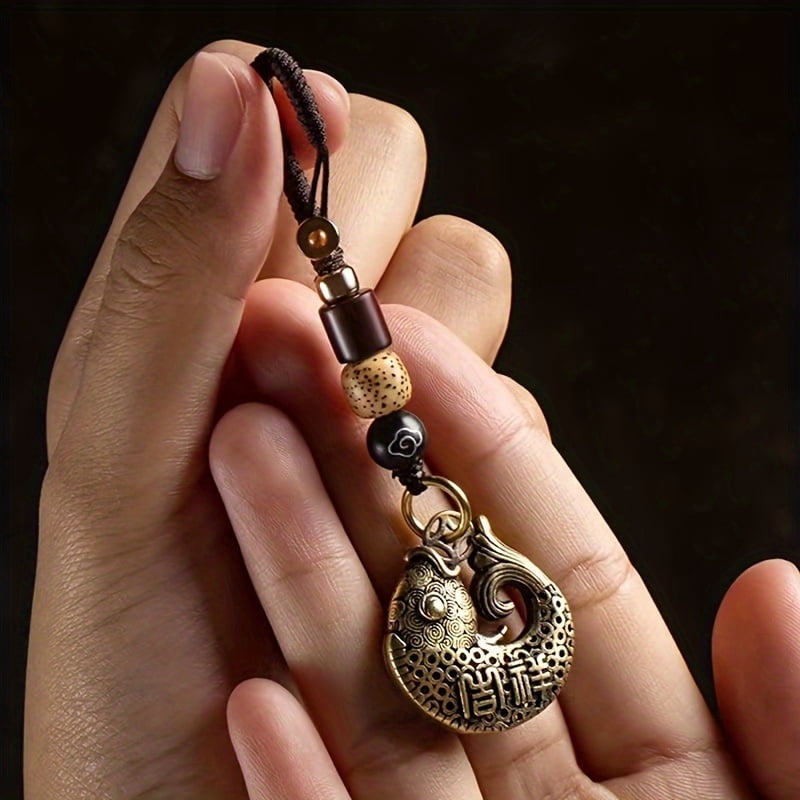 Brass Auspicious Fish Men's Key Ring -Royal Palace Style Pure Copper Car Key Ring, with complex host design S, Car Key Ring Accessories,Fish