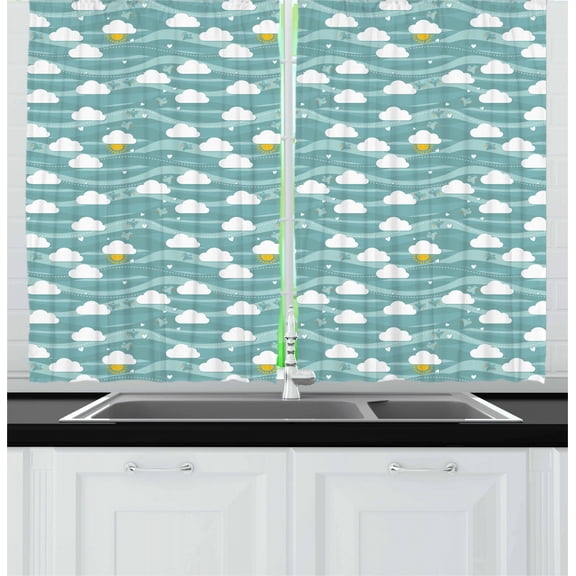Yellow and Blue Curtains 2 Panels Set, Summer Sky with Flying Birds Clouds and Sun Childish Cartoon, Window Drapes for Living Room Bedroom, 55W X 39L Inches, Teal Mint Green Yellow, by Ambesonne