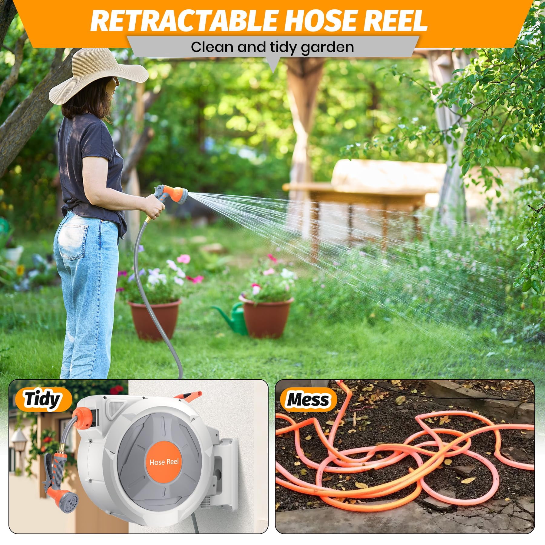 Retractable Garden Hose Reel, with 9 Patterns Nozzle, Any Length Lock, Upgraded Slow Return System and 180°Swivel Bracket, 1/2 Inch x 130 ft Wall Mounted
