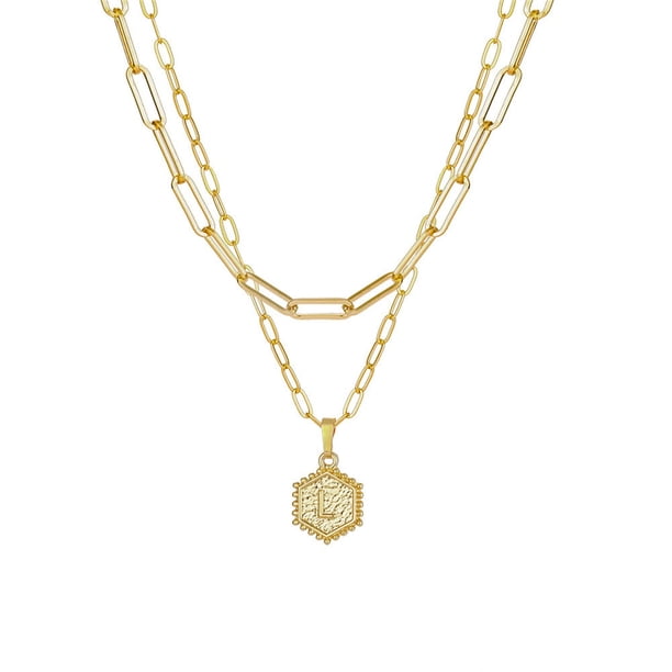 Collar de cadena chapado en oro para mujer Collar de capas con colgante de letra hexagonal Wmkox8yi sjalhkljlk5835
