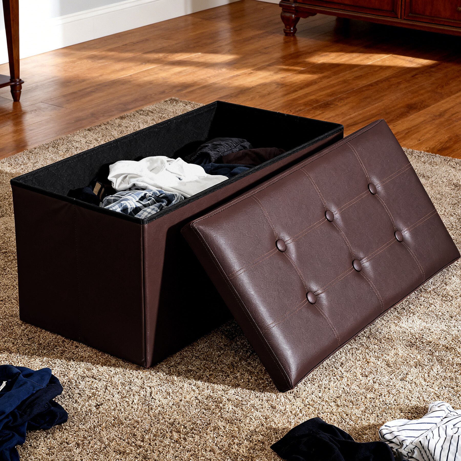 ZENY 30" Folding Storage Ottoman Bench Entryway MDF PVC Faux Leather Finish, Brown