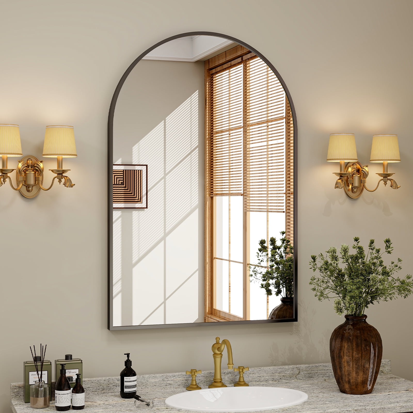 BEAUTYPEAK 24"x 36" Bathroom Mirror Wall Vanity Arched Mirror, Black