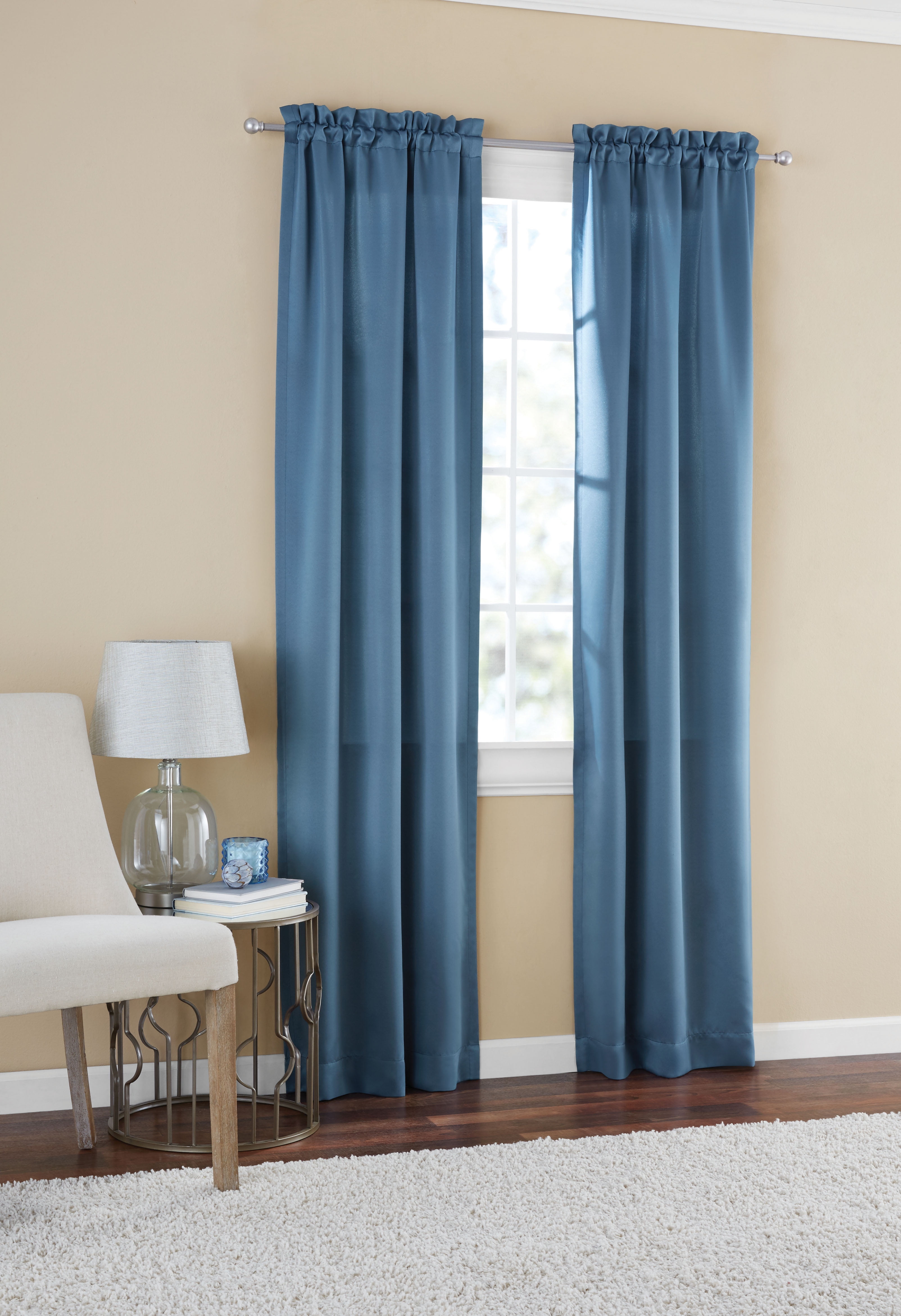 Mainstays Solid Color Room Darkening Rod Pocket Curtain Panel Pair, Set of 2, Blue, 30 x 84