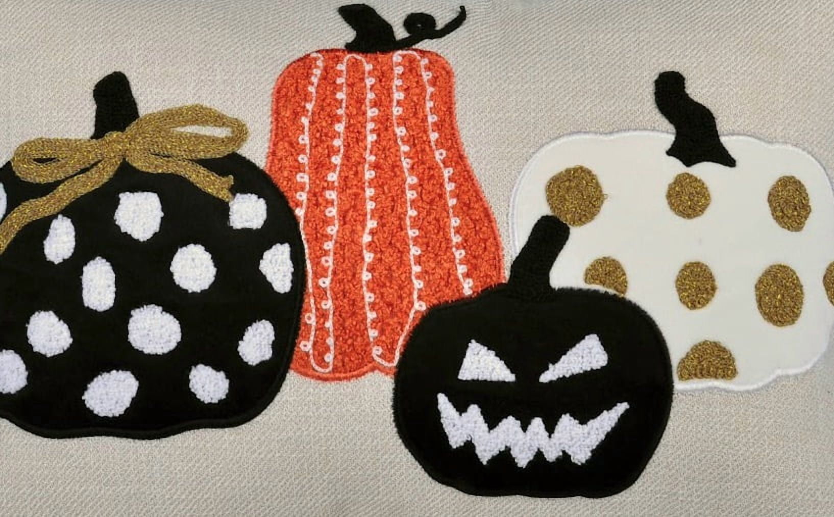 Whimsical Embroidered Pumpkin Throw Pillow 14x20 Inch Linen-Blend with Red Piping for Sofa Bed Halloween Decor