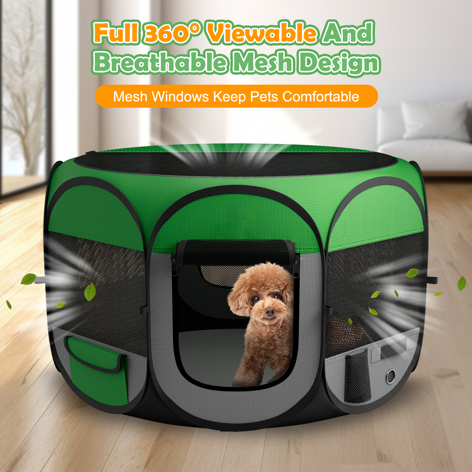 MAXLAPTER Dog Playpen Portable,Pet Cat Dog Tent Crates Cage Indoor/Outdoor 600D Oxford Fabric Green Portable Cat(L)