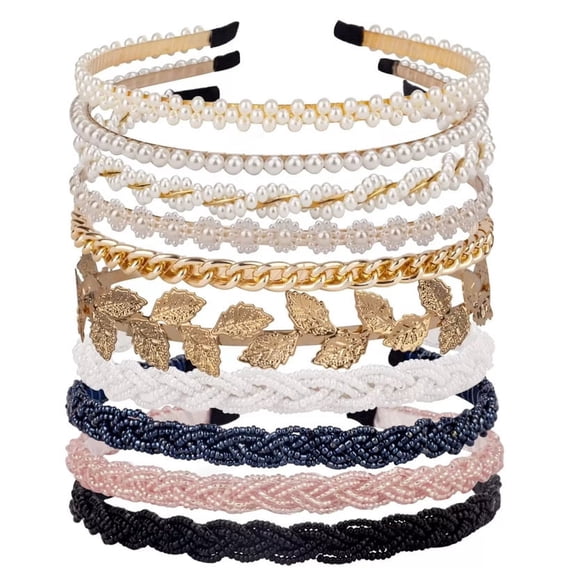 Pearl Hair Headbands 10 Pack Metal Beaded No Slip Bands for Women & Girls