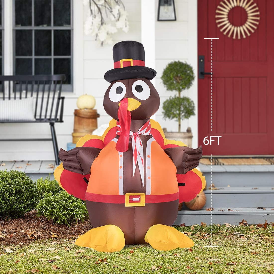 SPECSTAR5ft Height Thanksgiving Inflatable Lighted Turkey with Hat Blow up Outdoor Lawn Yard Decoration
