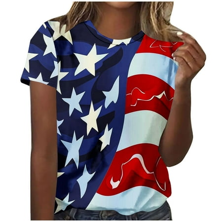 Oversized Tshirts for Lady Gym Woman Causal 4th of July Round Neck Tee Independence Day Printed Blouse Summer Short Sleeve T-Shirt Red-A XXL