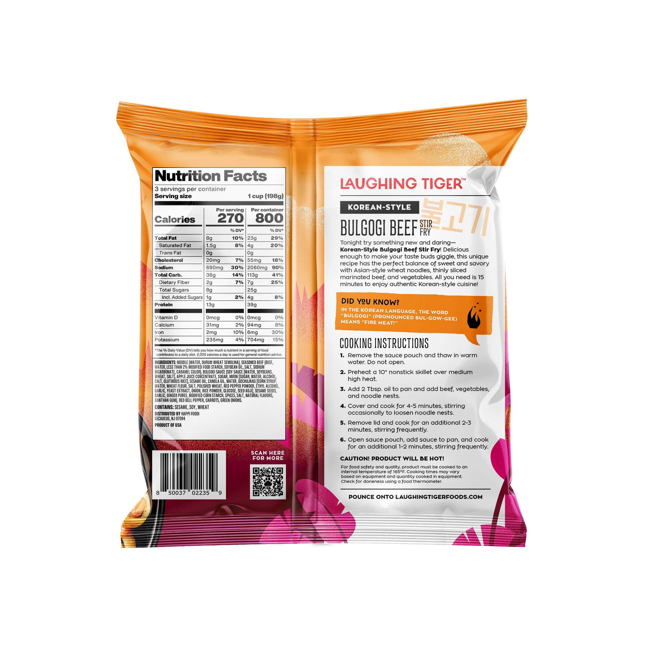 Laughing Tiger Korean Style Bulgogi Beef Stir Fry Noodles - Frozen Skillet Meal - 21 oz (Serves 3)