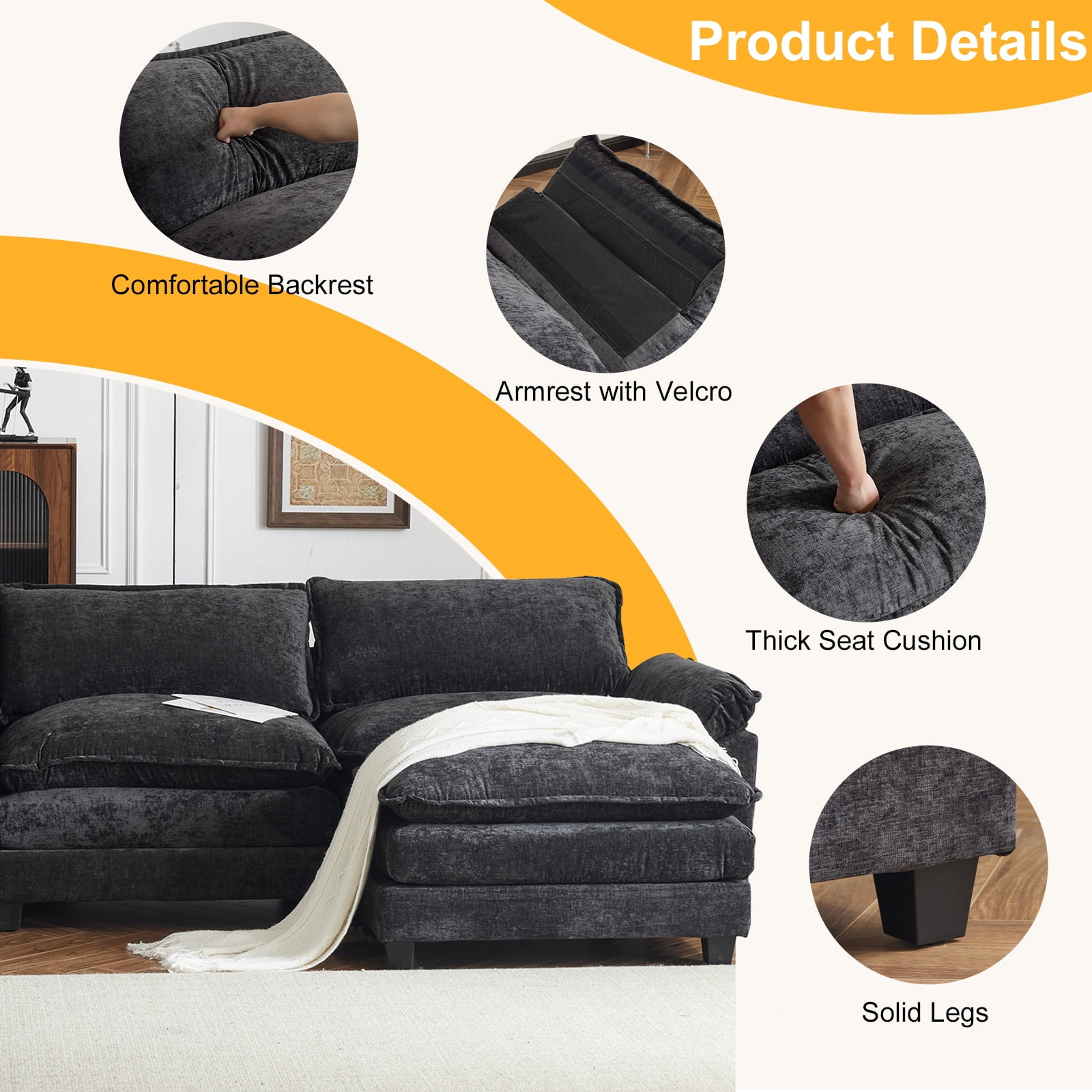 Ktaxon 120" W Sectional Sofa U Shaped Couch with Double Chaise Chenille Sleeper Set with 3 Oversized Seats Black