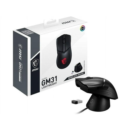 MSI Clutch GM31 Gaming Mouse - Optical - Wireless - Radio Frequency - 2.40 GHz - Rechargeable - USB 2.0 - 12000 dpi - 6 Button(s) - 5 Programmable Button(s) - Small Hand/Palm Size