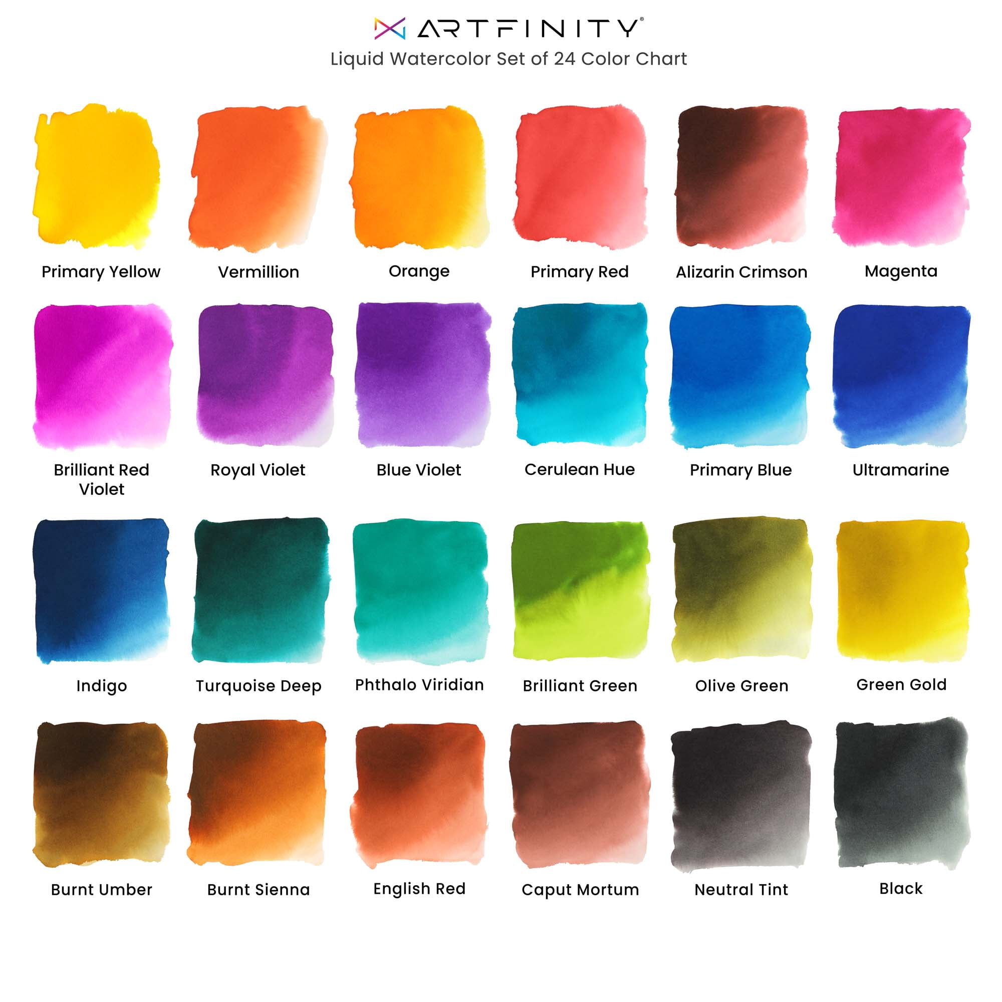 Artfinity Liquid Watercolor Paint 30 ml Bottles, Set of 24 Colors - Vibrant Dye-Based Liquid Watercolor w/ Glass Pipette, Fast-Drying, Fine Art Paint for Calligraphy, Airbrushing & Traditional Art