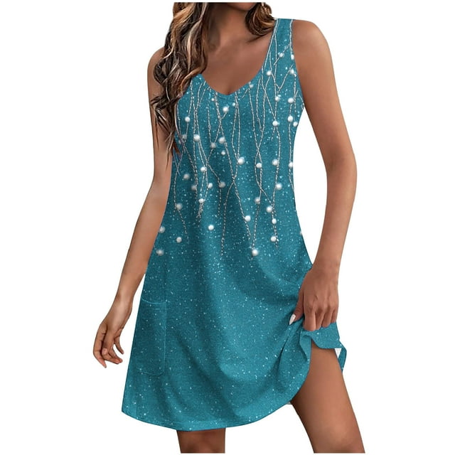 Cinvoph Robe d'Été Mini Sans Manches Florale Boho Robe de Plage Décontractée Ample avec Poches