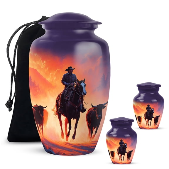 Yatskia Cowboy with Cattle Little Keepsake Urns for Human Ashes Adult Mother and Father, Decorative Large Cremation Urn for Adult Ash, (Classic 10 Inch and 3 Inch)