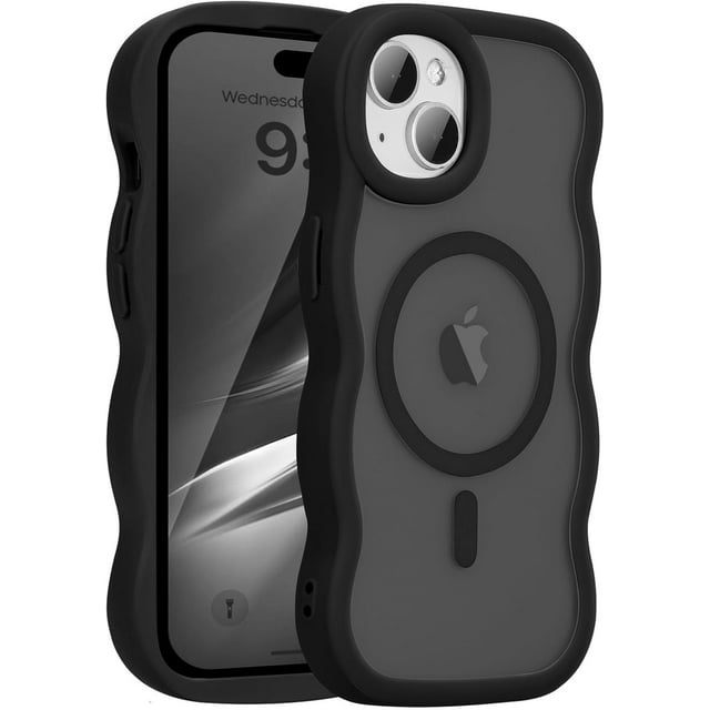 Funda magnética para iPhone 14 Plus/15 Plus, compatible con MagSafe, diseño de marco ondulado transparente, borde suave, bonita funda protectora transparente mate a prueba de golpes