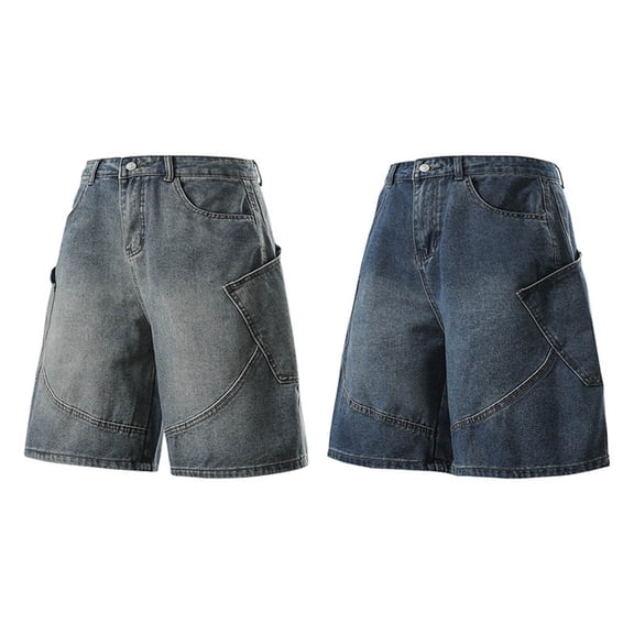 Mceream Baggy Jean Shorts Men Y2K Loose Fit Vintage Wide Leg Streetwear Hip Hop Casual Denim Shorts with Pockets Casual Fashion Summer Cargo Shorts Blue S